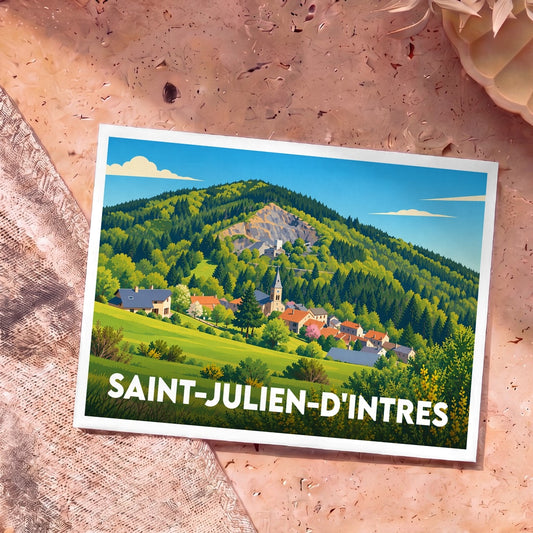 Carte postale souvenir de la ville de Saint-Julien-d'Intres avec une illustration stylisée de son village et de ses montagnes.