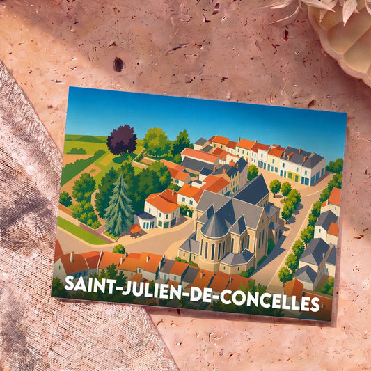 Carte postale souvenir de la ville de Saint-Julien-de-Concelles avec une illustration stylisée vue du ciel.
