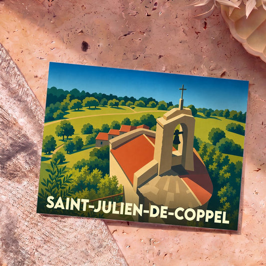 Carte postale souvenir de Saint-Julien-de-Coppel illustrant son église et la campagne environnante dans un style graphique épuré.