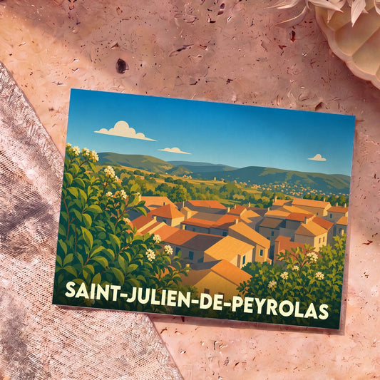Carte postale souvenir de la ville de Saint-Julien-de-Peyrolas avec une illustration stylisée de ses toits provençaux.