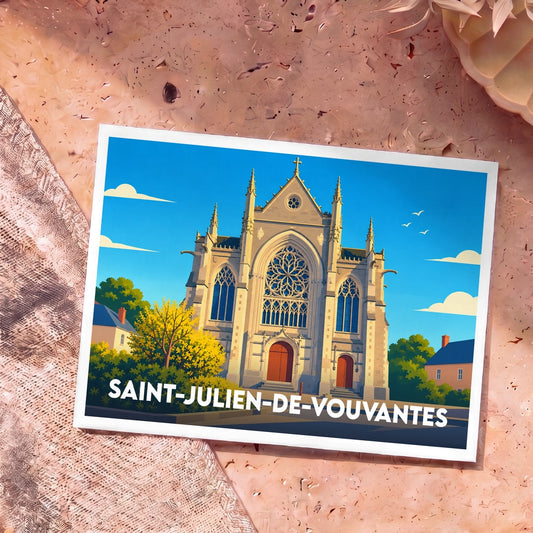 Carte postale souvenir de la ville de Saint-Julien-de-Vouvantes avec une illustration stylisée de son église néogothique.