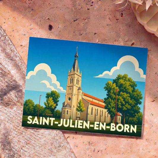 Carte postale souvenir de la ville de Saint-Julien-en-Born avec une illustration stylisée de son église sous un ciel bleu.