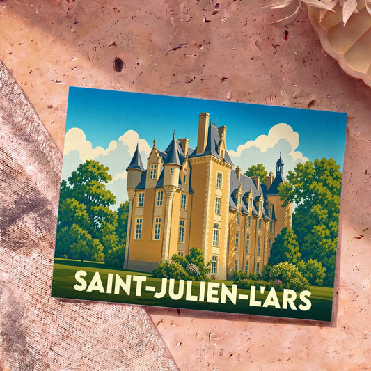 Carte postale souvenir de la ville de Saint-Julien-l'Ars illustrant son château dans un style graphique coloré.