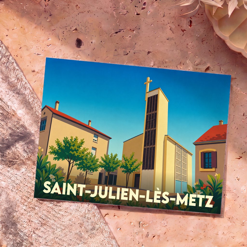 Carte postale souvenir de la ville de Saint-Julien-lès-Metz avec une illustration stylisée de son église et de ses maisons.