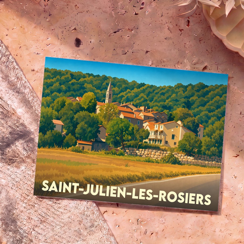 Carte postale souvenir de la ville de Saint-Julien-les-Rosiers avec une illustration stylisée d'un village provençal.