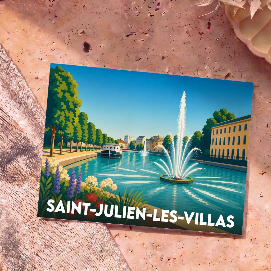 Carte postale souvenir de Saint-Julien-les-Villas avec une illustration colorée et stylisée de ses canaux.
