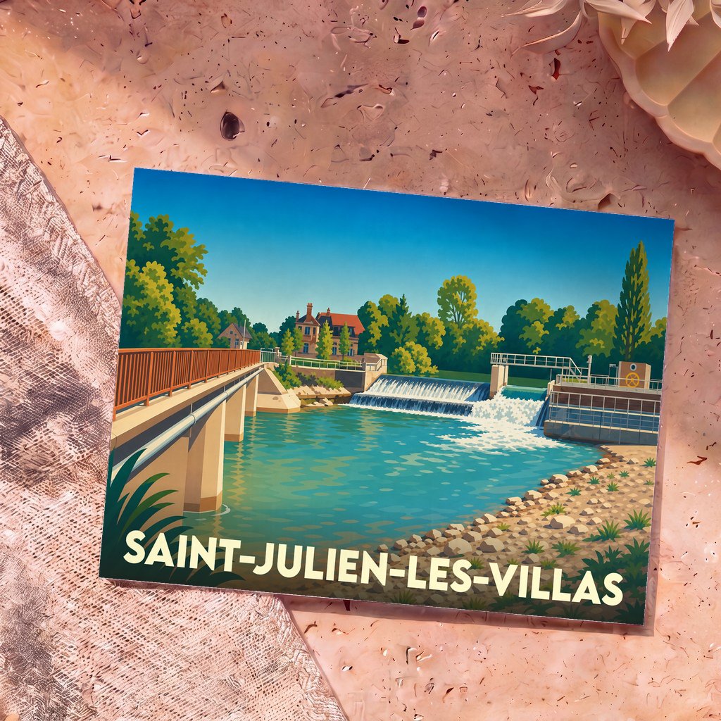 Carte postale souvenir de Saint-Julien-les-Villas illustrant son barrage et son pont avec un style graphique coloré.