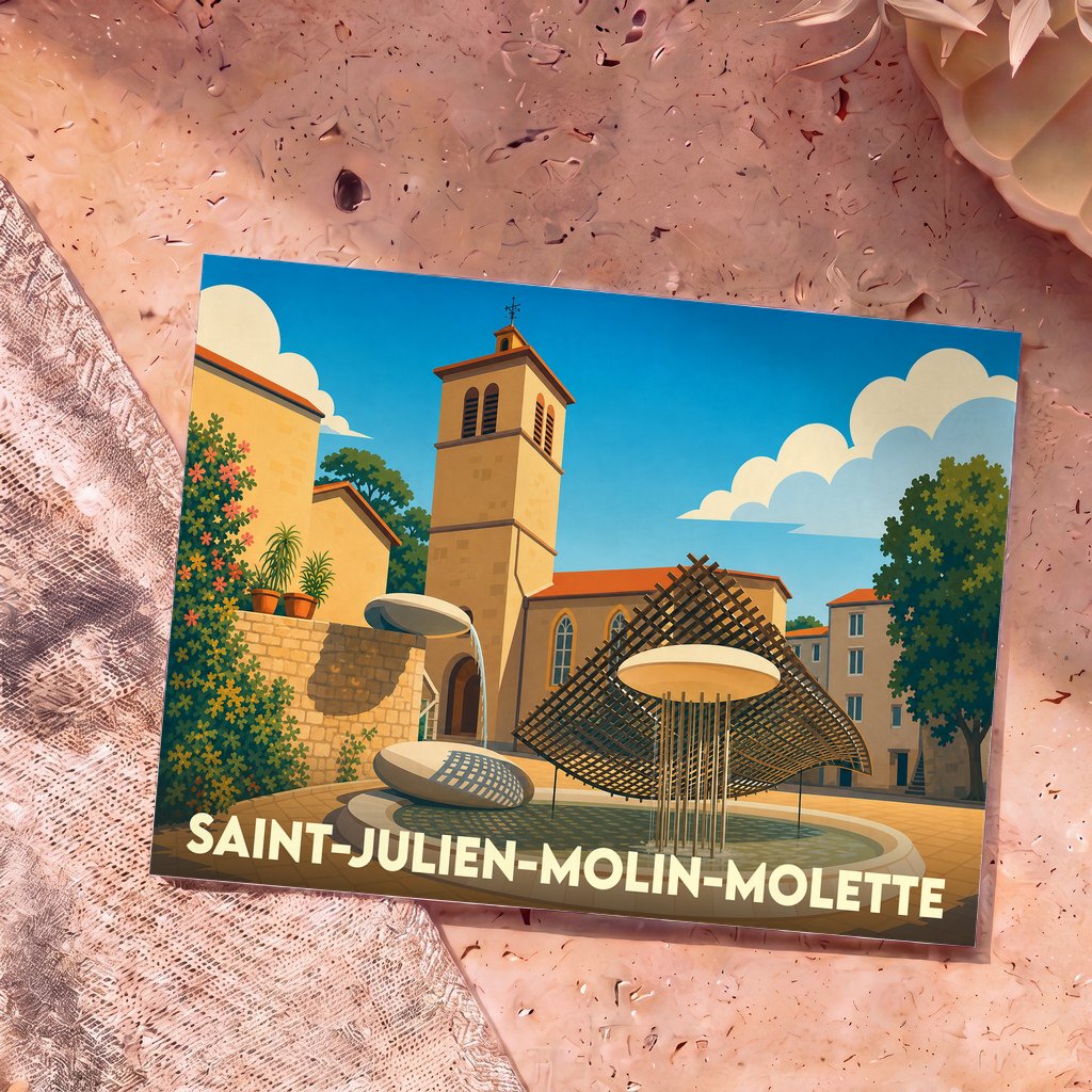 Carte postale souvenir de la ville de Saint-Julien-Molin-Molette avec une illustration stylisée de sa place centrale.