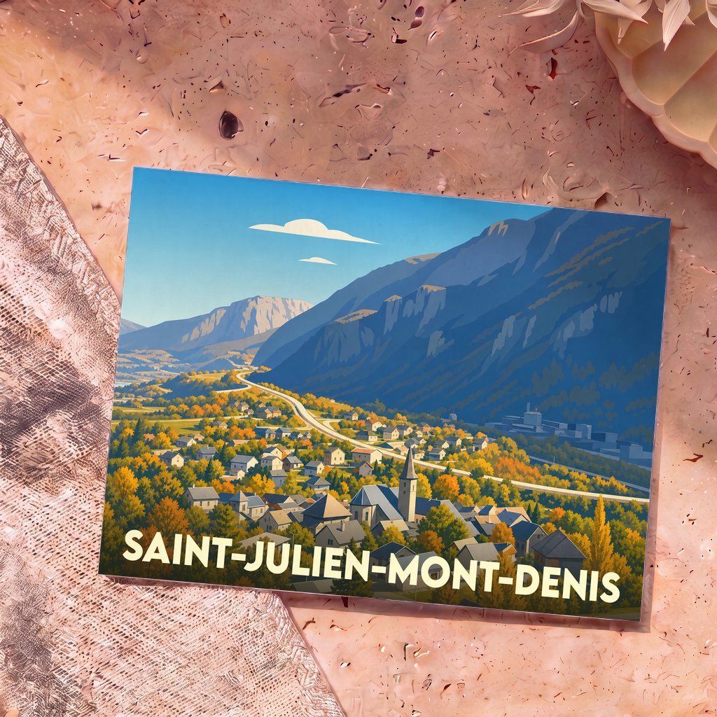 Carte postale souvenir de la ville de Saint-Julien-Mont-Denis avec une illustration stylisée de la vallée.