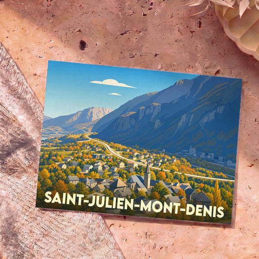 Carte postale souvenir de la ville de Saint-Julien-Mont-Denis avec une illustration stylisée de la vallée.