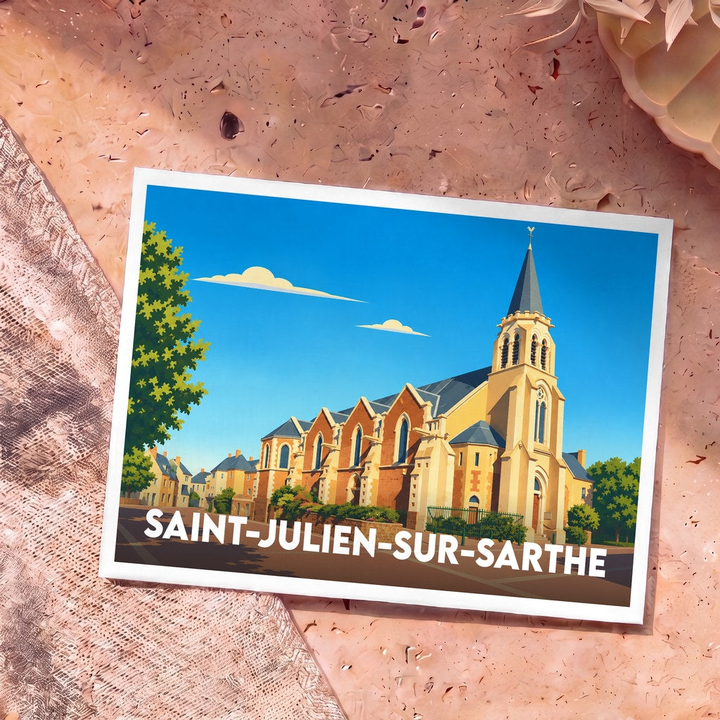 Carte postale souvenir de la ville de Saint-Julien-sur-Sarthe avec une illustration stylisée de son église sous un ciel bleu.