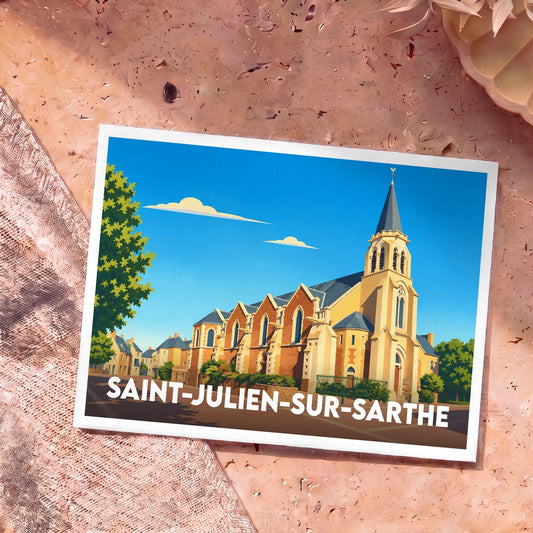 Carte postale souvenir de la ville de Saint-Julien-sur-Sarthe avec une illustration stylisée de son église sous un ciel bleu.