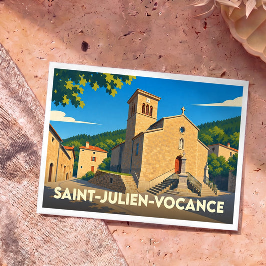 Carte postale souvenir de Saint-Julien-Vocance présentant une illustration stylisée de son église en pierre sous un ciel bleu.
