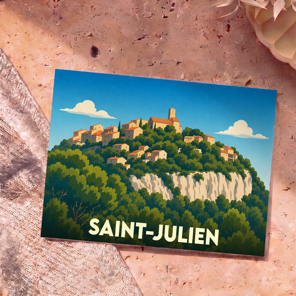 Carte postale souvenir de la ville de Saint-Julien avec une illustration stylisée d'un village perché sur une falaise.