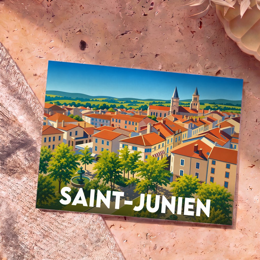 Carte postale souvenir de la ville de Saint-Junien avec une illustration colorée et stylisée de ses toits et de son église.