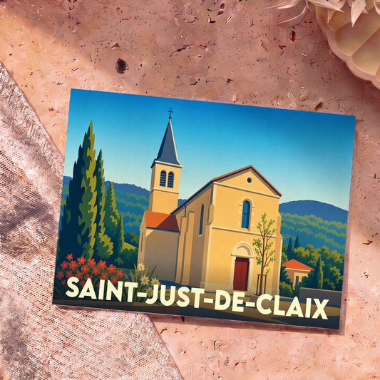 Carte postale souvenir de la ville de Saint-Just-de-Claix avec une illustration stylisée de son église sous un ciel bleu.