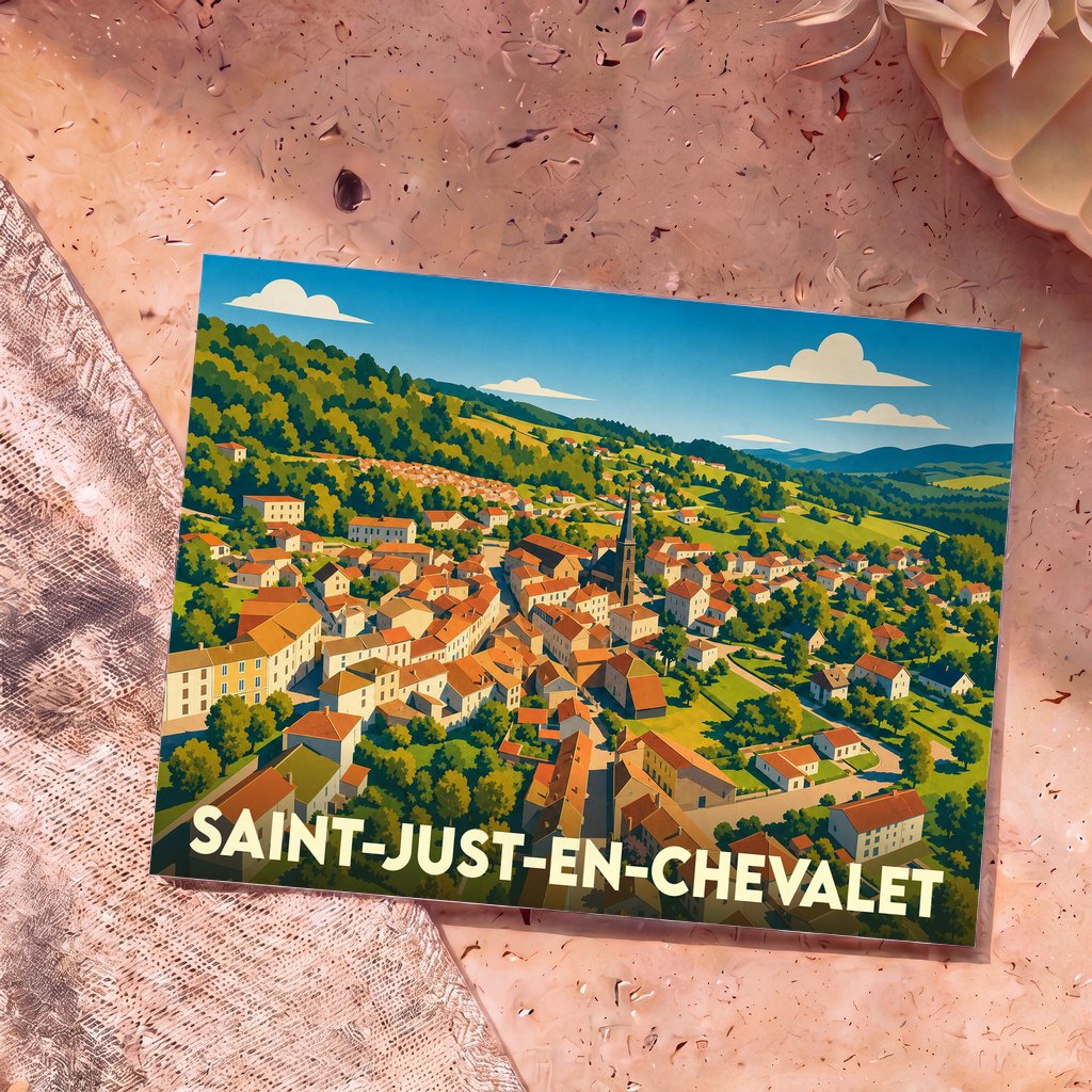Carte postale souvenir de la ville de Saint-Just-en-Chevalet avec une illustration stylisée du village et de ses collines environnantes.