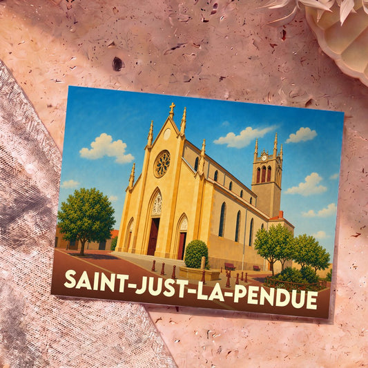 Carte postale souvenir de la ville de Saint-Just-la-Pendue illustrant son église sous un ciel bleu ensoleillé.