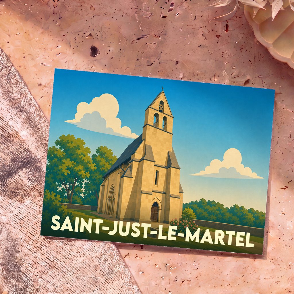 Carte postale souvenir de Saint-Just-le-Martel illustrant l'église locale dans un style graphique épuré.