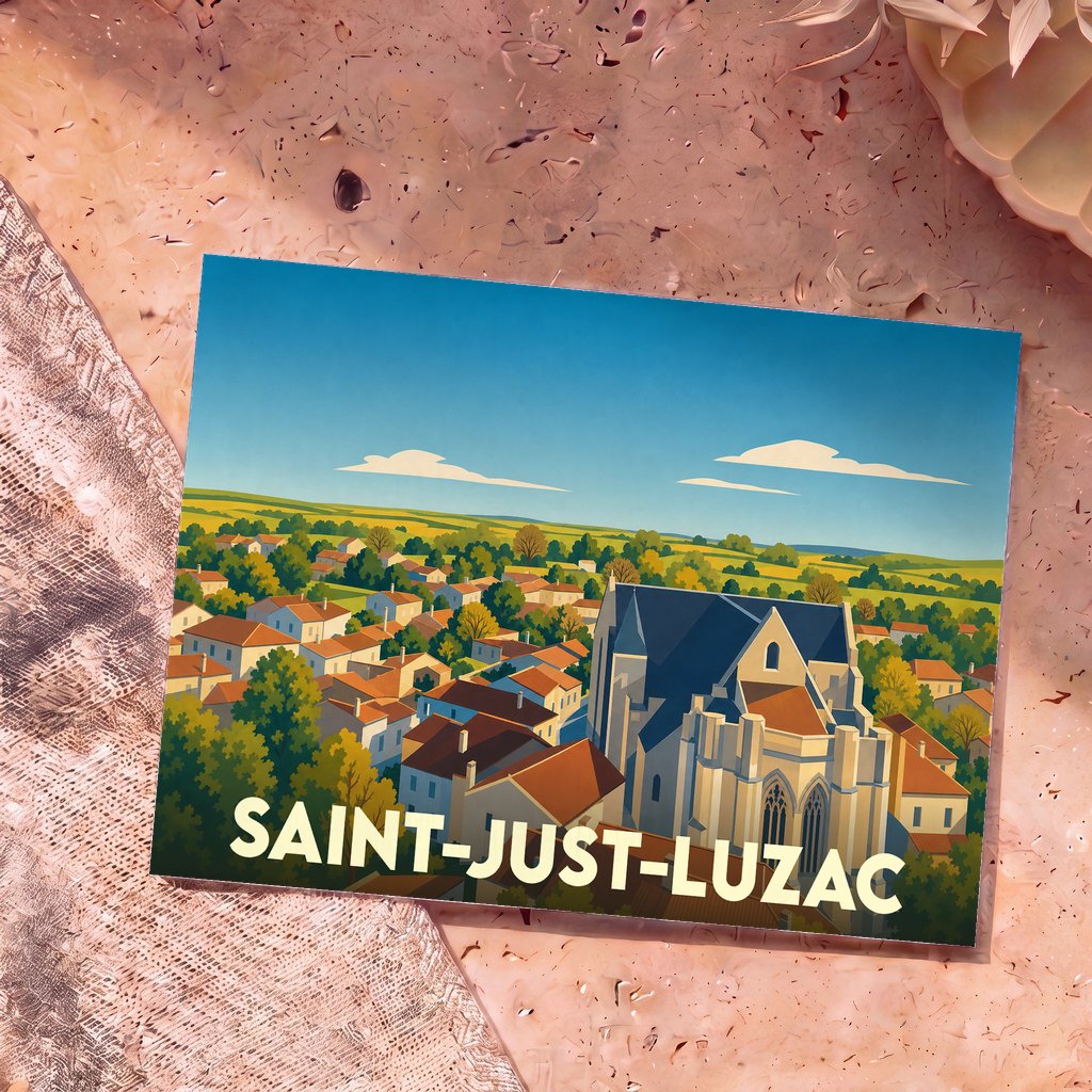 Carte postale souvenir de la ville de Saint-Just-Luzac avec une illustration stylisée du village et de son église.