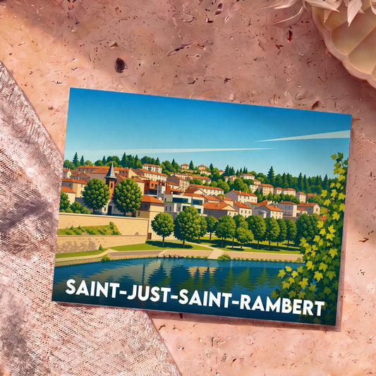 Carte postale souvenir de la ville de Saint-Just-Saint-Rambert avec une illustration stylisée d'un paysage urbain au bord de l'eau.