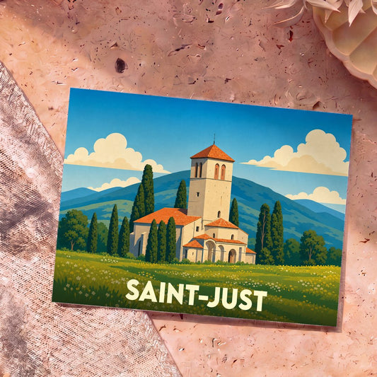 Carte postale souvenir de la ville de Saint-Just représentant une église romane dans un paysage vallonné au style illustré.
