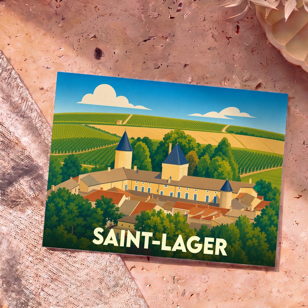 Carte postale souvenir de la ville de Saint-Lager illustrant un château et des vignobles dans un style graphique épuré.