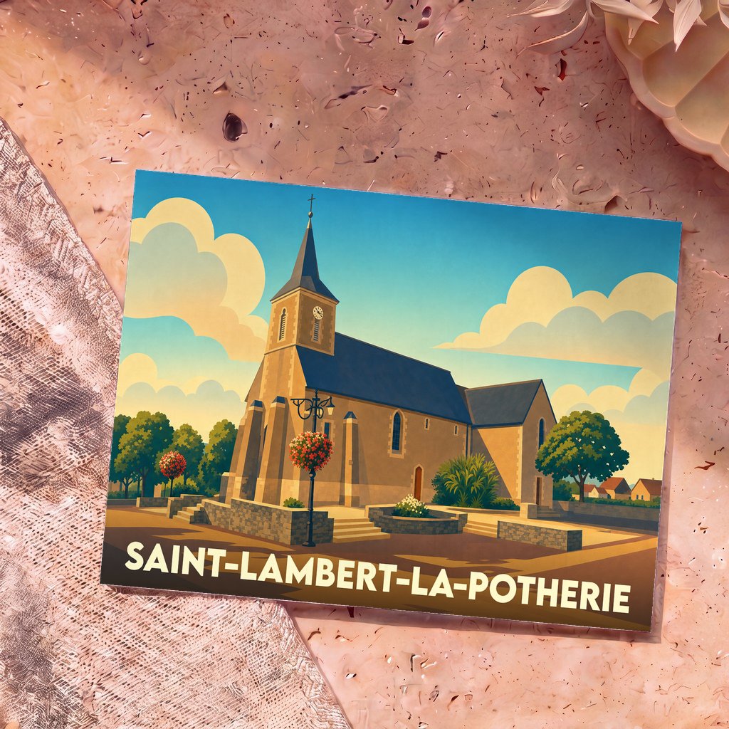 Carte postale souvenir de la ville de Saint-Lambert-la-Potherie avec une illustration stylisée de son église sous un ciel nuageux.