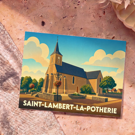 Carte postale souvenir de Saint-Lambert-la-Potherie illustrant son église dans un style graphique épuré.