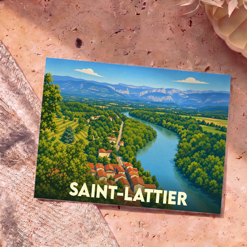 Carte postale souvenir de Saint-Lattier avec une illustration stylisée de la rivière Isère et des montagnes environnantes.