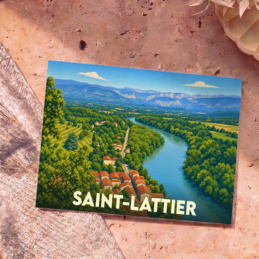Carte postale souvenir de Saint-Lattier avec une illustration stylisée de la rivière Isère et des montagnes environnantes.