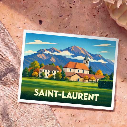 Carte postale souvenir de la ville de Saint-Laurent avec une illustration stylisée de son église face aux montagnes.