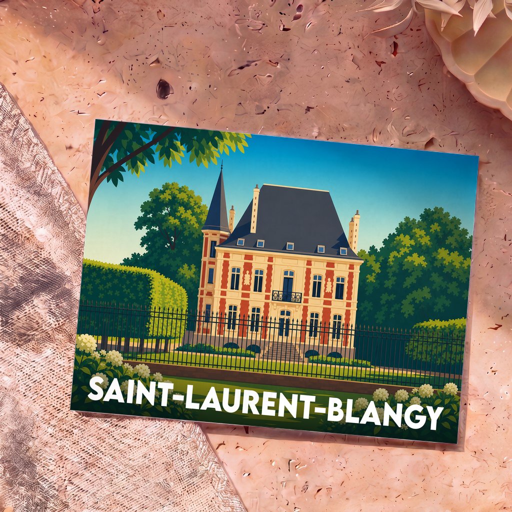 Carte postale souvenir de la ville de Saint-Laurent-Blangy avec une illustration stylisée d'un château.