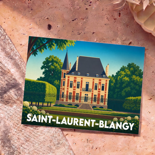 Carte postale souvenir de la ville de Saint-Laurent-Blangy avec une illustration stylisée d'un château.
