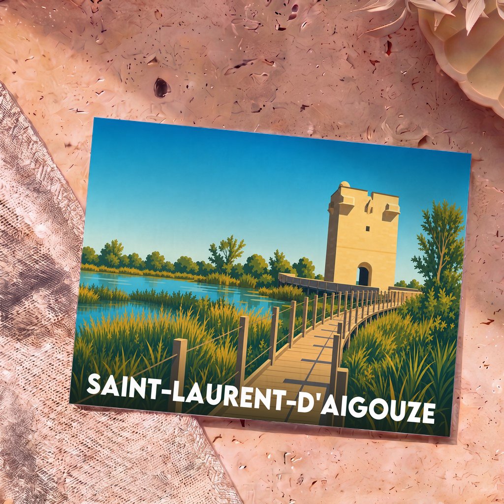 Carte postale souvenir de la ville de Saint-Laurent-d'Aigouze avec une illustration stylisée de la Tour Carbonnière.
