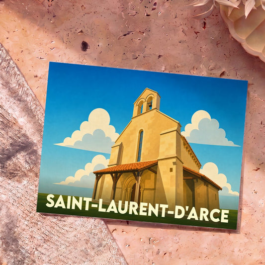 Carte postale souvenir de Saint-Laurent-d'Arce représentant son église romane dans un style graphique épuré.
