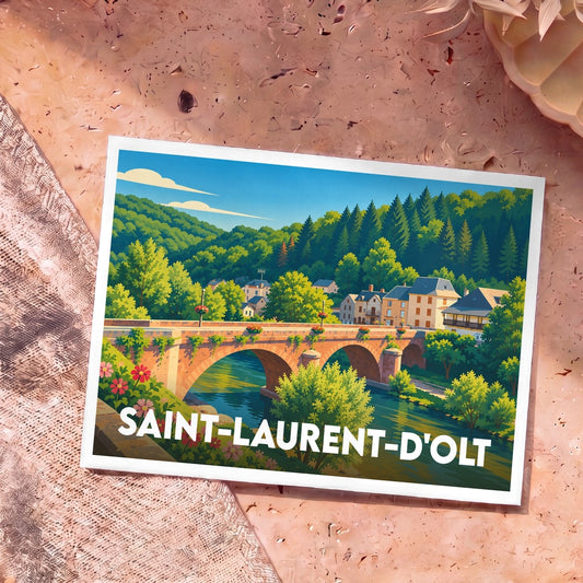 Carte postale souvenir de la ville de Saint-Laurent-d'Olt illustrant son pont de pierre au-dessus du Lot.