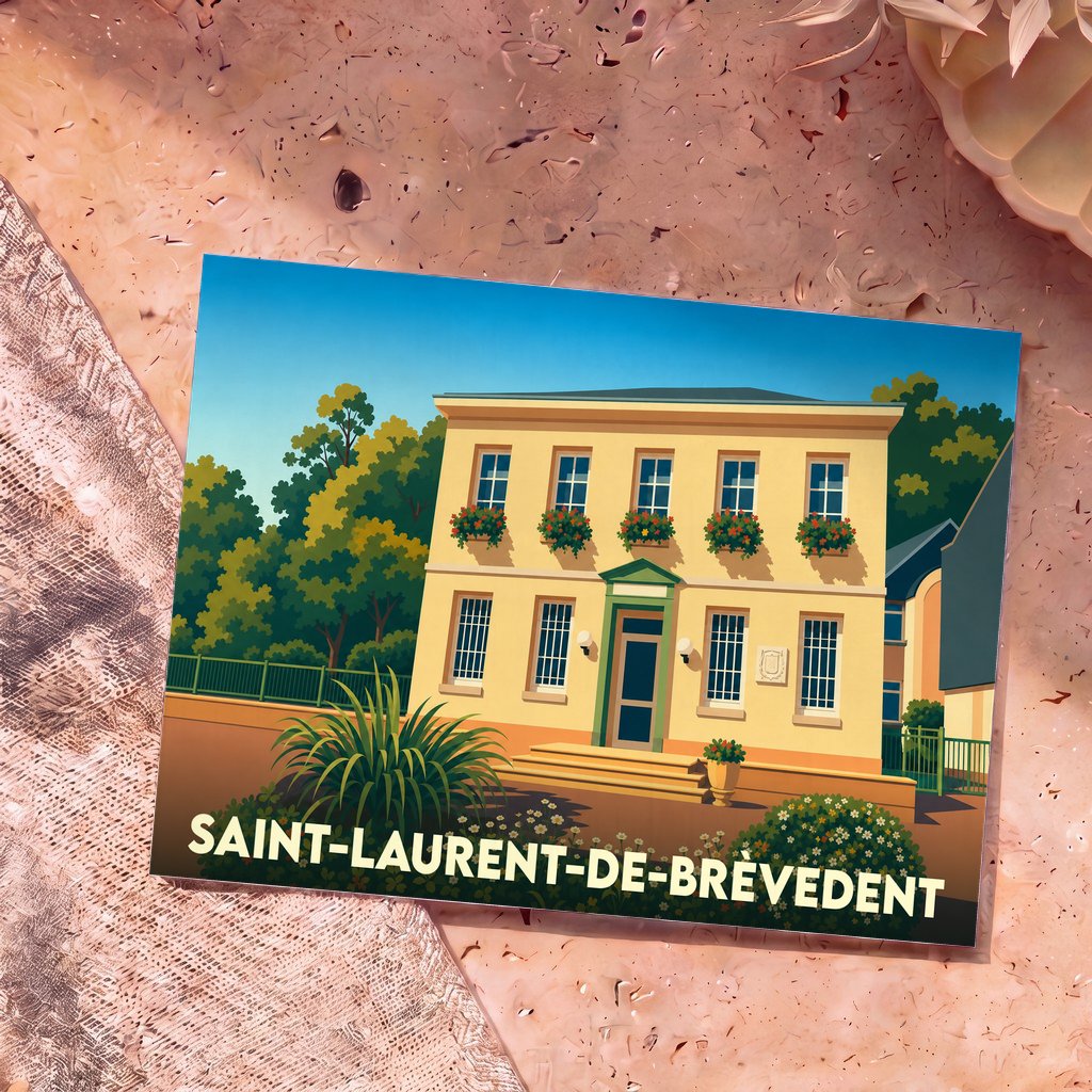 Carte postale souvenir de la ville de Saint-Laurent-de-Brèvedent avec une illustration stylisée d'un bâtiment fleuri.