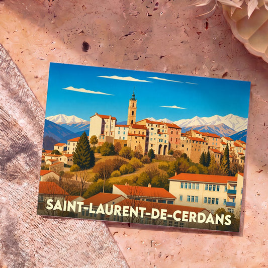 Carte postale souvenir de la ville de Saint-Laurent-de-Cerdans avec une illustration stylisée.