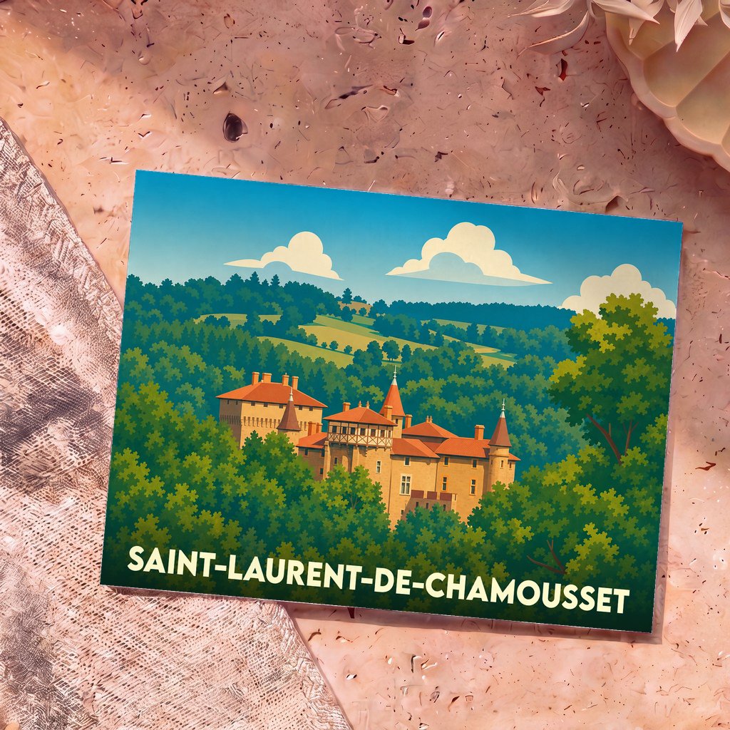 Carte postale souvenir de la ville de Saint-Laurent-de-Chamousset avec une illustration stylisée d'un château au cœur d'un paysage verdoyant.