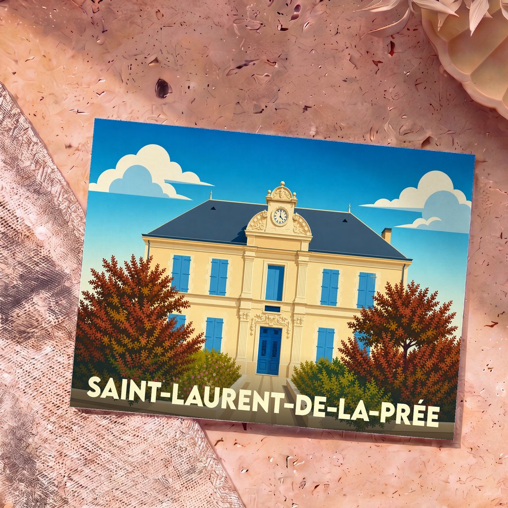 Carte postale souvenir de Saint-Laurent-de-la-Prée illustrant la mairie avec un style graphique épuré et coloré.