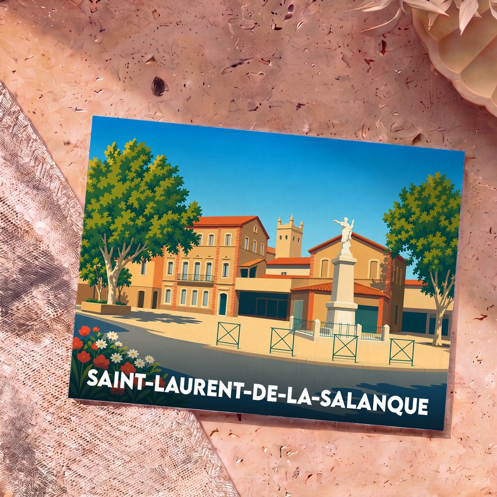 Carte postale souvenir de Saint-Laurent-de-la-Salanque illustrant sa place principale dans un style graphique épuré.