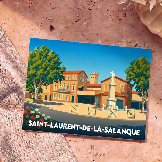 Carte postale souvenir de Saint-Laurent-de-la-Salanque illustrant sa place principale dans un style graphique épuré.