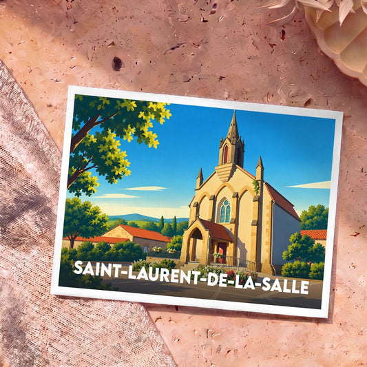 Carte postale souvenir de Saint-Laurent-de-la-Salle illustrant l'église du village dans un style graphique épuré et ensoleillé.