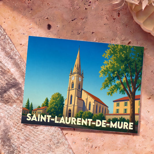 Carte postale souvenir de la ville de Saint-Laurent-de-Mure avec une illustration stylisée de son église.