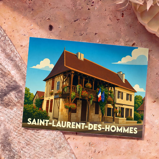 Carte postale souvenir de la ville de Saint-Laurent-des-Hommes avec une illustration stylisée d'un bâtiment traditionnel fleuri.