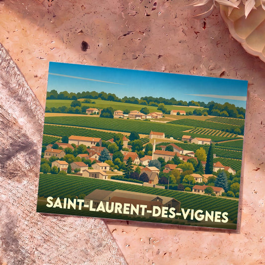 Carte postale souvenir de Saint-Laurent-des-Vignes illustrant un village entouré de vignobles dans un style graphique épuré.