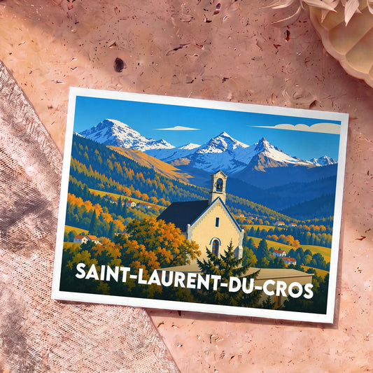 Carte postale souvenir de Saint-Laurent-du-Cros avec une illustration stylisée de son église face aux montagnes enneigées.