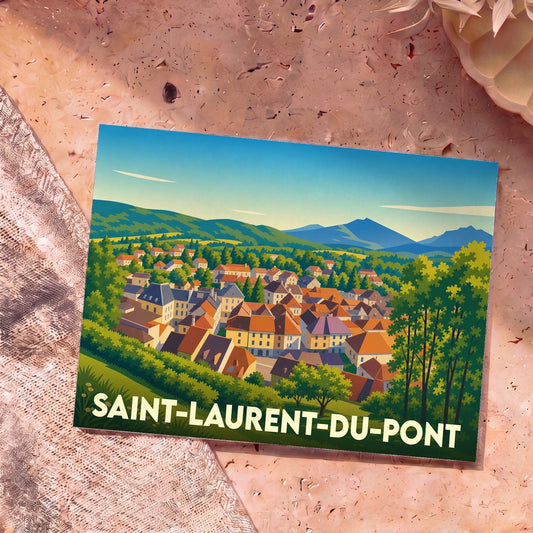 Carte postale souvenir de la ville de Saint-Laurent-du-Pont avec une illustration panoramique stylisée.