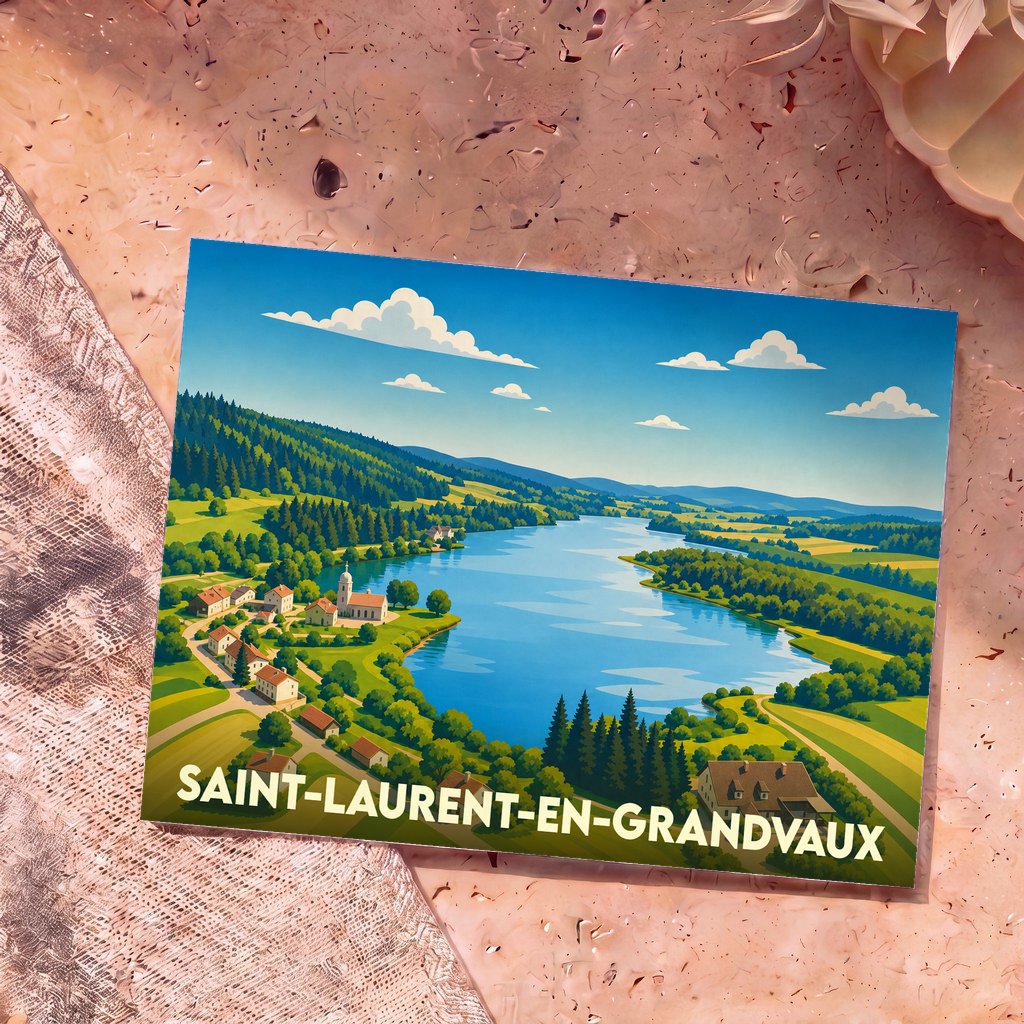 Carte postale souvenir de Saint-Laurent-en-Grandvaux illustrant un paysage de lac et de montagnes verdoyantes.